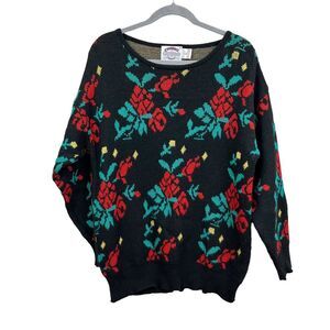 Cambridge Dry Goods Lambswool Blend Sweater Black Floral Round Neck Women Size L